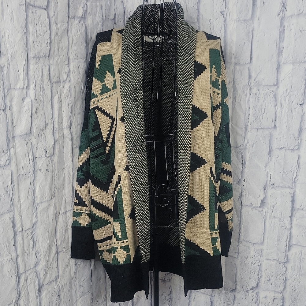 AZ Green, Black, Cream Aztec Open Front Cardigan‎ Sweater Chest 52" Length 30"